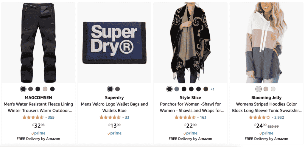 Screenshot of amazon results, clothing photography example