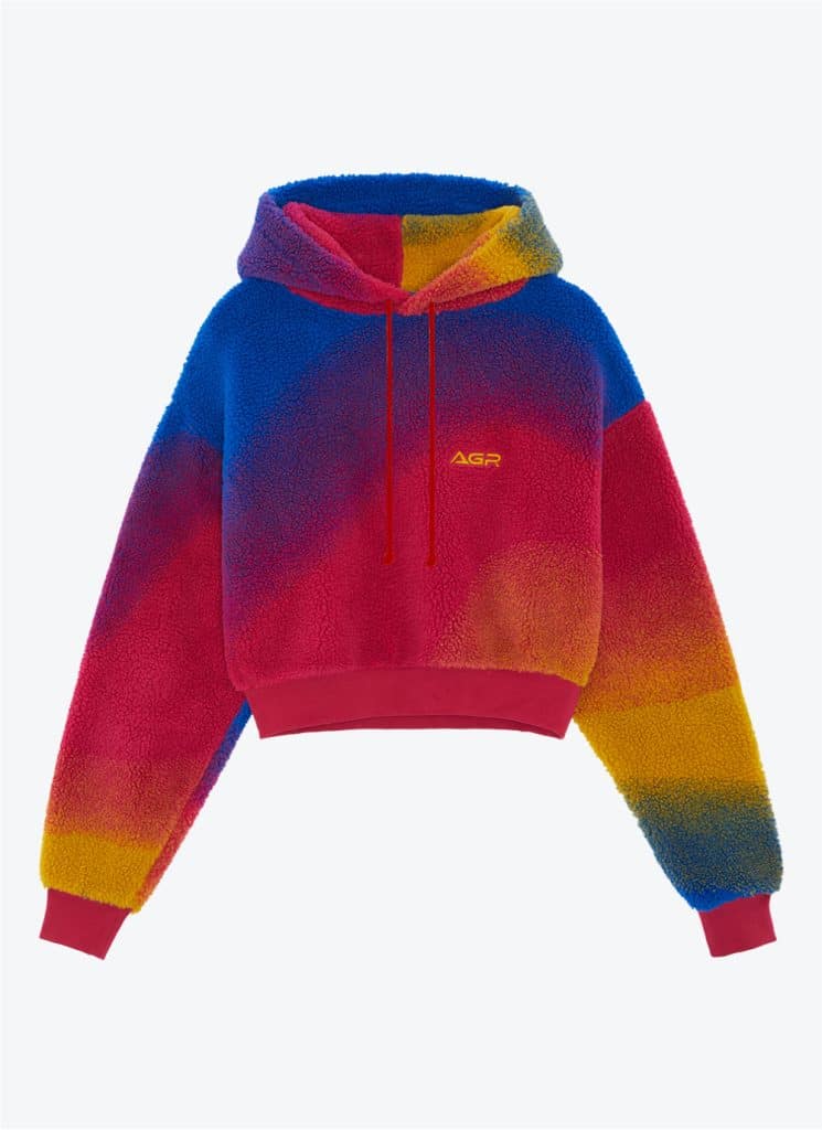 A rainbow colored hoodie with a hood.