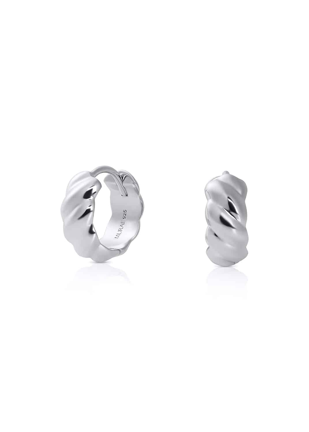 A pair of Kate Murnane Jewellery silver hoop earrings on a white surface.
